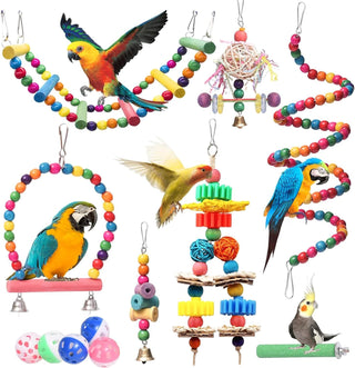 9 Pack Bird Swing Toys, Bird Chewing Hanging Toys,Swing Climbing Ladders,Wooden Perch Birds Cage Toys for Small Parrots, Parakeets, Cockatiel, Conures, Finches, Budgie, Macaws, Love Birds Natural Wood