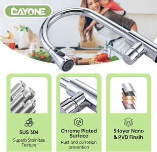 DAYONE Waterfall Kitchen Sink Tap with Pull Out Sprayer, Matte Black Kitchen Faucet Raindance 3 Modes, Modern Stainless Steel 1 Hole Sink Mixer, 360° Swivel & Single Handle, DAY-CR2546