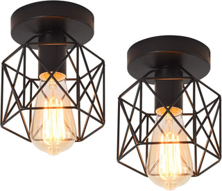 Qcyuui Gold Retro Metal Cage Industrial Vintage Ceiling Lights, Semi-Flush Mount Ceiling Lighting Fixture for Hallway, Dining Room, Bedroom, Balcony, Kitchen, Farmhouse Indoor Lighting, 2 Pack