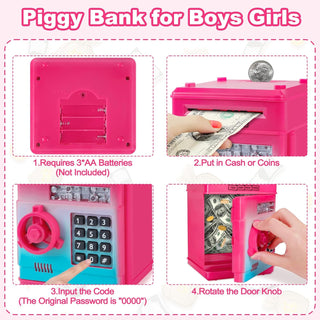 Refasy Piggy Bank for Girls 4-11 Years Old,Refasy Kids Safe Bank for Boys Christmas Birthday Gifts Toy for Kids Electronic ATM Money Bank for Adults Money Saving Box Safe Coin Bank Toy Kids Toys Pink