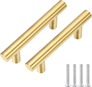Kitmose 15 Pack Cabinet Pulls Brushed Gold Stainless Steel T Bar Pull Handles for Furniture Kitchen Cabinet Cupboard Drawer Door Handle Pull Knobs (Overall Length 6", Hole Center 3-3/4")
