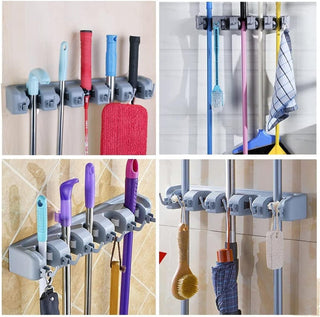 SKY-TOUCH Mop And Broom Holder, Wall Mounted Organizer Mop And Broom Saving Space Storage Rack For Kitchen Garden And Garage,Laundry Offices,5 Position With 6 Hooks