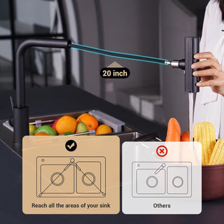 DAYONE Waterfall Kitchen Sink Tap with Pull Out Sprayer, Matte Black Kitchen Faucet Raindance 3 Modes, Modern Stainless Steel 1 Hole Sink Mixer, 360° Swivel & Single Handle, DAY-CR2546