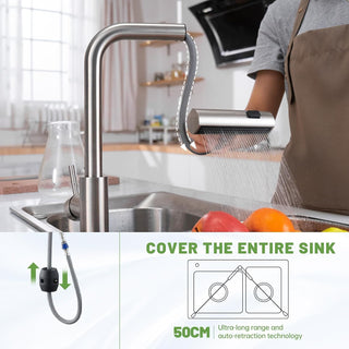 DAYONE Waterfall Kitchen Sink Tap with Pull Out Sprayer, Matte Black Kitchen Faucet Raindance 3 Modes, Modern Stainless Steel 1 Hole Sink Mixer, 360° Swivel & Single Handle, DAY-CR2546