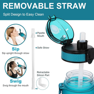 GEMFUL Water Bottle 1L with Straw Time Marker Tritan BPA Free for Fitness Gym Outdoor Sports (Green/black)