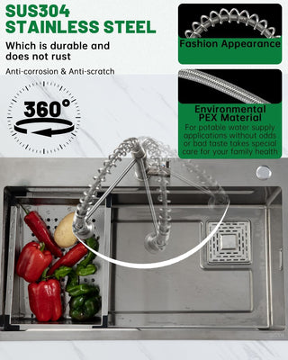 DAYONE Waterfall Kitchen Sink Tap with Pull Out Sprayer, Matte Black Kitchen Faucet Raindance 3 Modes, Modern Stainless Steel 1 Hole Sink Mixer, 360° Swivel & Single Handle, DAY-CR2546