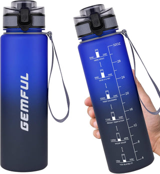 GEMFUL Water Bottle 1L with Straw Time Marker Tritan BPA Free for Fitness Gym Outdoor Sports (Green/black)