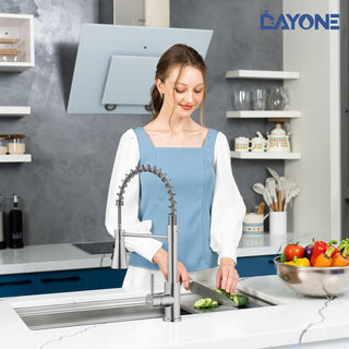 DAYONE Waterfall Kitchen Sink Tap with Pull Out Sprayer, Matte Black Kitchen Faucet Raindance 3 Modes, Modern Stainless Steel 1 Hole Sink Mixer, 360° Swivel & Single Handle, DAY-CR2546