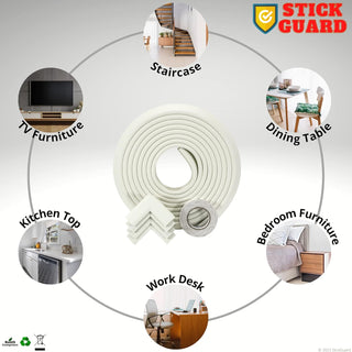 StickGuard Baby Safety Corner Guard, Table Edge Corner Protector Strip for Kids, Baby Proofing Foam for Furniture Edges & Corner Guard Cushion Set Child Protection Bumper Strip - 4 Meters (White)