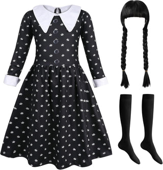 AmzBarley Girls Addams Costume Little Kids Addams Family Dress Up for Halloween Cosplay Birthday Party