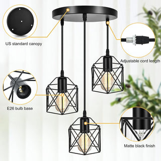 KEPHTH Industrial 3-Light Pendant Light, Adjustable Hanging Chandeliers Light Fixtures Vintage Farmhouse Pendant Lamp with Metal Caged E27 Base for Kitchen Island Dining Room Living Room