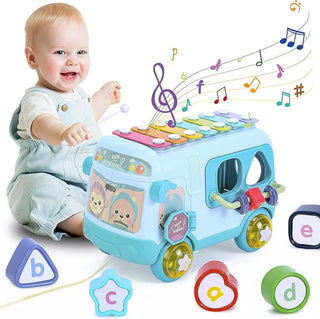 Mumoo Bear Baby Bus Musical Toy with Xylophone, Interactive Early Childhood Educational Gifts, Baby Crawling Activity Toys with Baby Cube, Suitable for Kids Ages 2+ (Pink)