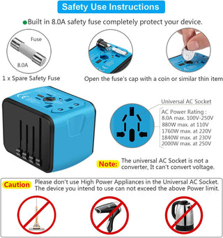 SAUNORCH Universal International Travel Power Adapter W/High Speed 2.4A USB-A, 3.0A USB-C Wall Charger, European Adapter, Worldwide AC Outlet Plugs Adapters for Europe, UK, US, AU, Asia-Black