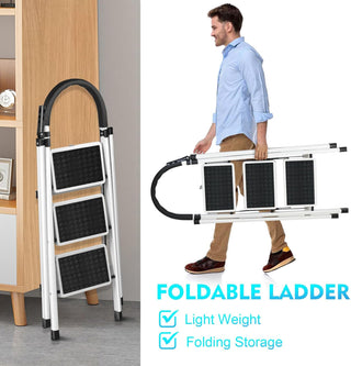 SKY-TOUCH Foldable Ladder 3 Steps, Home Ladder Folding Step Stool with Wide Anti-Slip Pedal, Adults Folding Sturdy Steel Ladder for Home,Kitchen, Garden, Office