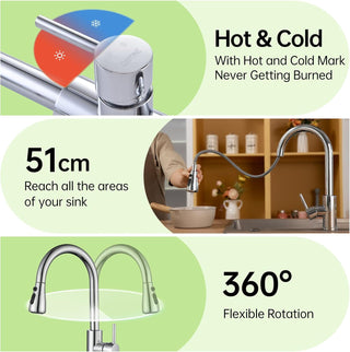 DAYONE Waterfall Kitchen Sink Tap with Pull Out Sprayer, Matte Black Kitchen Faucet Raindance 3 Modes, Modern Stainless Steel 1 Hole Sink Mixer, 360° Swivel & Single Handle, DAY-CR2546