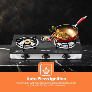 Triple Gas Burner with Tempered Glass - Auto-Ignition, Thick Pan Support & Comfortable Knobs | Low Gas Consumption