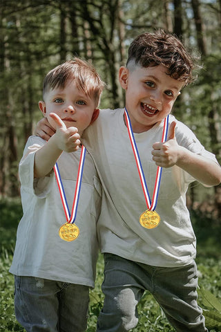 Party with Emma 30 Pcs Mini Gold Medals for Kids 1.5-Inch Participation Awards Neck Ribbon for Sports Tournaments Competitions Kids Awards Gold Medals Winner