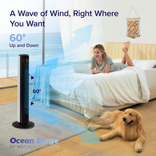 LEVOIT Tower Fan for Large Bedroom 42 Inch, 7.5m/s Powerful Electric Cooling Fan with Remote, 25 dB Quiet 90° Oscillating Bladeless Fan, 12 Speeds, 4 Modes, 12H Timer, Standing Fan for Home Office