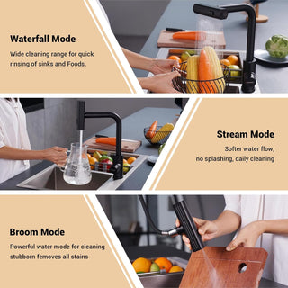 DAYONE Waterfall Kitchen Sink Tap with Pull Out Sprayer, Matte Black Kitchen Faucet Raindance 3 Modes, Modern Stainless Steel 1 Hole Sink Mixer, 360° Swivel & Single Handle, DAY-CR2546