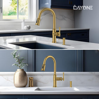 DAYONE Waterfall Kitchen Sink Tap with Pull Out Sprayer, Matte Black Kitchen Faucet Raindance 3 Modes, Modern Stainless Steel 1 Hole Sink Mixer, 360° Swivel & Single Handle, DAY-CR2546
