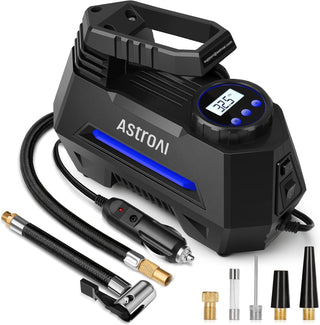 AstroAI Tyre Inflator Air Compressor 12V, Portable Electric Car Tyre Pump with Tyre Pressure Gauge, Auto-Stop Car Air Pump with Valve Adaptors and LED Light, Car Accessories, Yellow