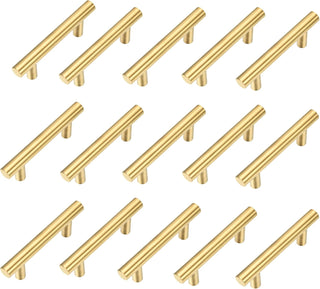 Kitmose 15 Pack Cabinet Pulls Brushed Gold Stainless Steel T Bar Pull Handles for Furniture Kitchen Cabinet Cupboard Drawer Door Handle Pull Knobs (Overall Length 6", Hole Center 3-3/4")