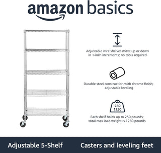 Amazon Basics 3-Shelf Adjustable, Heavy Duty Storage Shelving Unit (113.3 kilograms loading capacity per shelf), Steel Organizer Wire Rack, Black, 58.9 x 34 x 193.5 centimeters