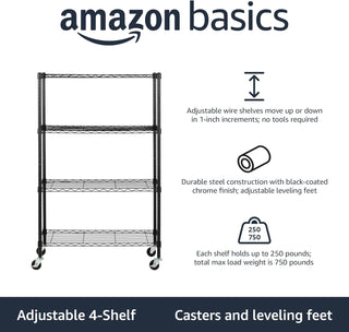 Amazon Basics 3-Shelf Adjustable, Heavy Duty Storage Shelving Unit (113.3 kilograms loading capacity per shelf), Steel Organizer Wire Rack, Black, 58.9 x 34 x 193.5 centimeters