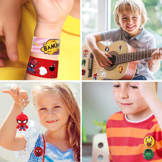 Beauenty Party Articles Superhero Birthday Party Gift Set Includes 18 Pcs Party Articles Superhero masks， 18Pcs Keychains 18Pcs Gifts Bag，36pcs Superhero Hand Slap Bracelet(108PC)