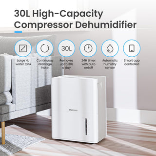 Pro Breeze 30L/Day Dehumidifier - Smart Compressor Dehumidifier with App, Wi-Fi, Continuous Drainage, 4L Water Tank, 24h Timer & Auto Defrost, Mould Remover & Moisture Absorber for Home & Bathroom