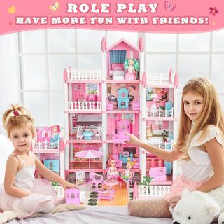 Doll House, Dream Dollhouse for Girls, Pretend-Play DIY Dollhouse Kit - 4-Story 11 Rooms Playhouse with 4 Dolls Toy Figures, Furniture and Accessories Set (Big Pink Dollhouse)