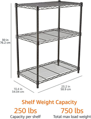 Amazon Basics 3-Shelf Adjustable, Heavy Duty Storage Shelving Unit (113.3 kilograms loading capacity per shelf), Steel Organizer Wire Rack, Black, 58.9 x 34 x 193.5 centimeters