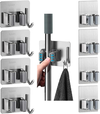 ZALCOON 4 PCS Mop Broom Holder Wall Mount - Mop Holder Self Adhesive Broom Hanger Stainless Steel for Home Garage Garden Laundry Room Storage, Kitchen Tools Organizer (With Hook)