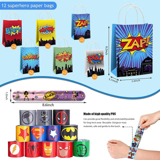 Beauenty Party Articles Superhero Birthday Party Gift Set Includes 18 Pcs Party Articles Superhero masks， 18Pcs Keychains 18Pcs Gifts Bag，36pcs Superhero Hand Slap Bracelet(108PC)