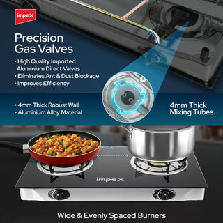 Impex - 2 Burner Automatic Ignition Gas Stove, Glass Top, FFD Safety - IGS 1212F | إمبكس - موقد غاز إشعال أوتوماتيكي 2 شعلة ، سطح زجاجي ، أمان FFD