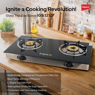 Impex - 2 Burner Automatic Ignition Gas Stove, Glass Top, FFD Safety - IGS 1212F | إمبكس - موقد غاز إشعال أوتوماتيكي 2 شعلة ، سطح زجاجي ، أمان FFD