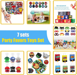 Beauenty Party Articles Superhero Birthday Party Gift Set Includes 18 Pcs Party Articles Superhero masks， 18Pcs Keychains 18Pcs Gifts Bag，36pcs Superhero Hand Slap Bracelet(108PC)