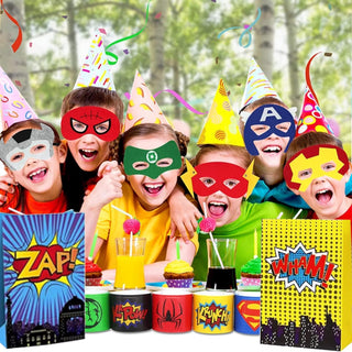 Beauenty Party Articles Superhero Birthday Party Gift Set Includes 18 Pcs Party Articles Superhero masks， 18Pcs Keychains 18Pcs Gifts Bag，36pcs Superhero Hand Slap Bracelet(108PC)