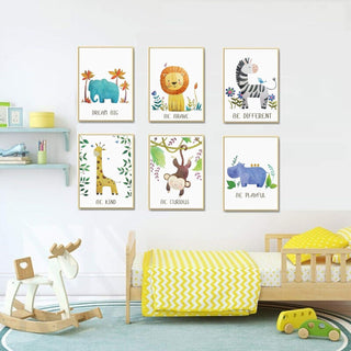 Pepper & Moose Baby Nursery Decor - Jungle Safari Animal Unframed Wall Art -Set of 6 Posters 8x10 - Lion, Giraffe, Elephant, Monkey, Zebra, Hippo with Inspirational Quotes for Boy Girl Kids
