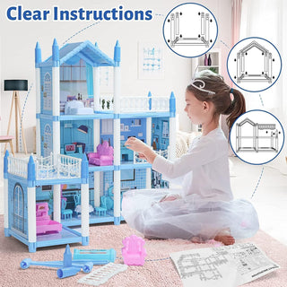 DIY 3D Dolls House for Girls 2 3 4 5 6 7 8 Year Old, Dream House for Girls Pretend Toys- 3 Story Castle Dolls House Playset, 3 balcony, Garden, Gift for 3-10 Year Old Girls (Blue Castle)