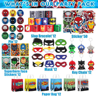 Beauenty Party Articles Superhero Birthday Party Gift Set Includes 18 Pcs Party Articles Superhero masks， 18Pcs Keychains 18Pcs Gifts Bag，36pcs Superhero Hand Slap Bracelet(108PC)