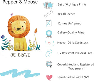 Pepper & Moose Baby Nursery Decor - Jungle Safari Animal Unframed Wall Art -Set of 6 Posters 8x10 - Lion, Giraffe, Elephant, Monkey, Zebra, Hippo with Inspirational Quotes for Boy Girl Kids
