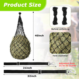 Kenning 4 Pcs Horse Hay Feeder and Bucket Strap, 2 x 2 Holes 40" Long Slow Feed Hay Net Adjustable Nylon Hanging Strap Hay Bags for Horses Feed, Trailer and Stall, Reduce Waste, Black