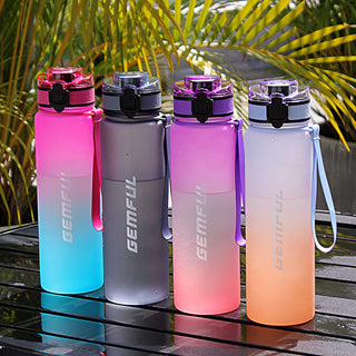 GEMFUL Water Bottle 1L with Straw Time Marker Tritan BPA Free for Fitness Gym Outdoor Sports (Green/black)