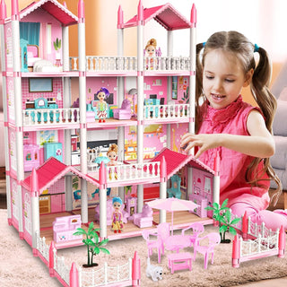 Beauenty Doll House Building Toys with Lights to Assemble Kitchen, Bedroom, Furniture, Garden, Dolls, Pets, Pink Play Dream House for Girls, Girls Toddler DIY Ideas Gifts (PINK 14 Rooms)