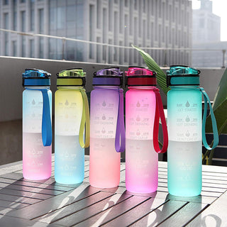 GEMFUL Water Bottle 1L with Straw Time Marker Tritan BPA Free for Fitness Gym Outdoor Sports (Green/black)