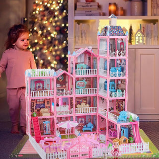 TDOO Doll House, Dream House for Girls Pretend-Play DIY Dollhouse Kit - 5-Story 16 Rooms Playhouse with Lights,Dolls Toy Figures, Furniture and Accessories Set Gift Toy for Kids Ages 3 4 5 6 7 8+(AA)