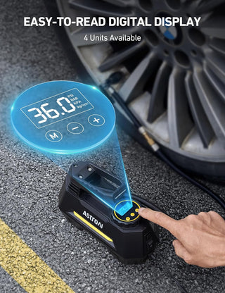 AstroAI Tyre Inflator Air Compressor 12V, Portable Electric Car Tyre Pump with Tyre Pressure Gauge, Auto-Stop Car Air Pump with Valve Adaptors and LED Light, Car Accessories, Yellow