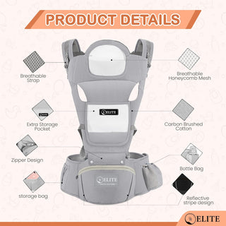 Deal Hunt 6 in 1 Baby Carrier Hip Seat, Multifunctional Baby Strap Waist Carrier for walking, Shopping, Trip, Hiking - Adjustable Size & Suitable for 0-36 Months Baby with Gift Box Packaging (Grey)