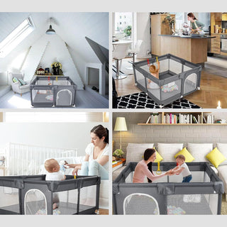 SKY-TOUCH Baby Playpen | Portable Playard for Babies | Sturdy Anti-Fall Baby Playpen Activity Center | Breathable Mesh | 4 Pull-Up Ring｜Install Accessories | 120 * 120cm,Gray,Indoor&Outdoor
